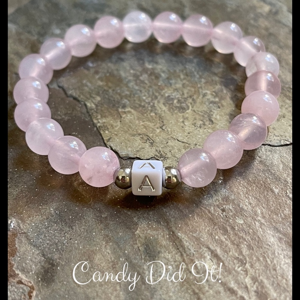 NWT Handmade Candy Did It! Rose Quartz Beaded Letter A Initial Bracelet